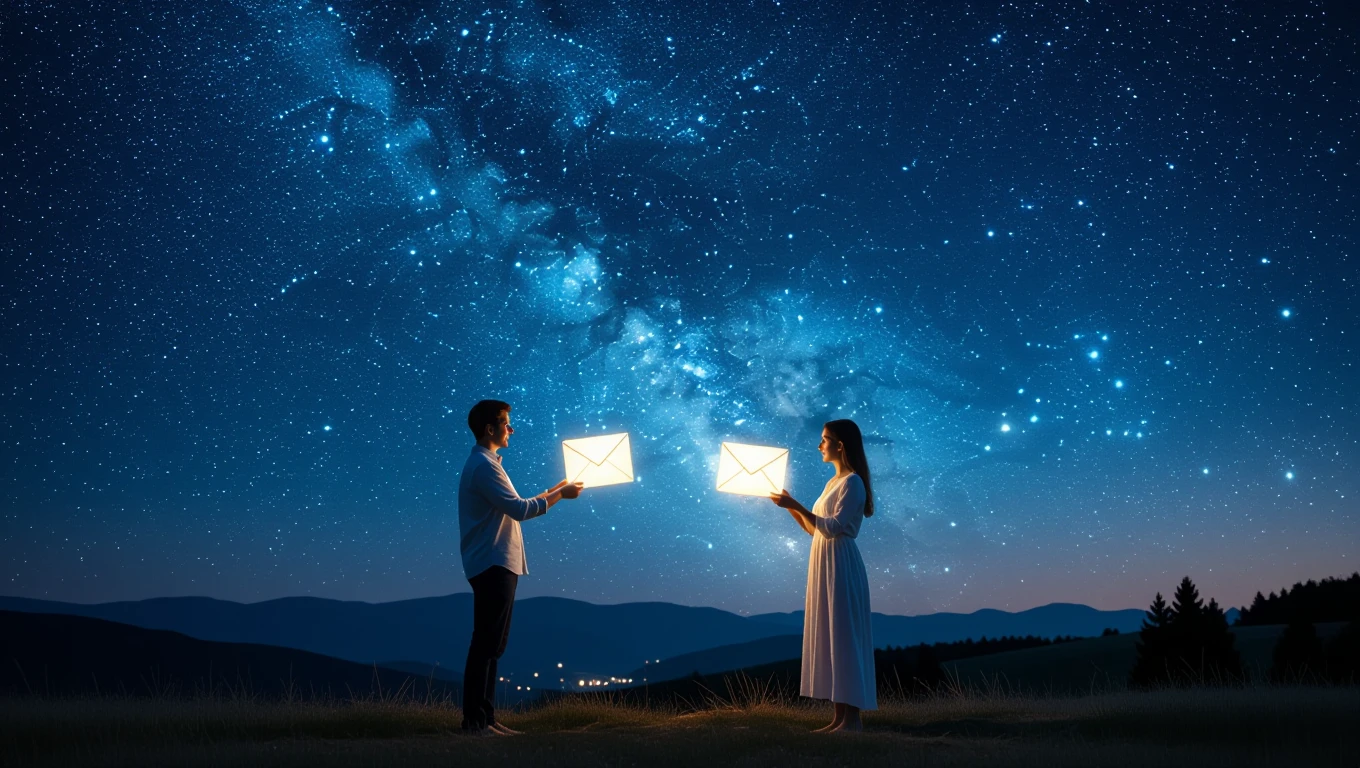 Due persone sotto un cielo stellato, scambiano lettere luminose.