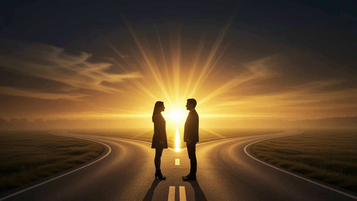 Due persone si incontrano su una strada al tramonto, simbolo di nuove connessioni.