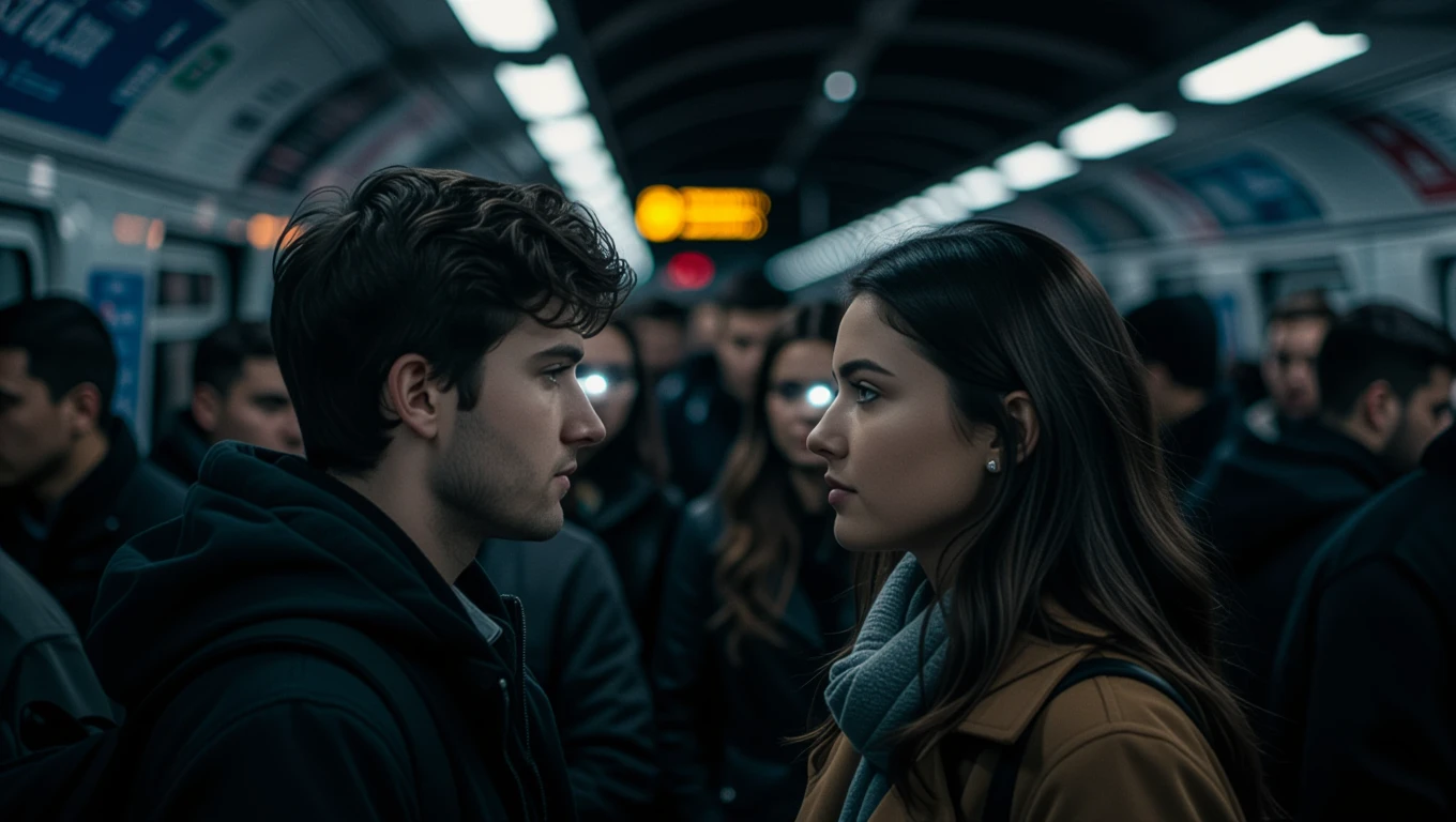 Due giovani si guardano intensamente in una metropolitana affollata.
