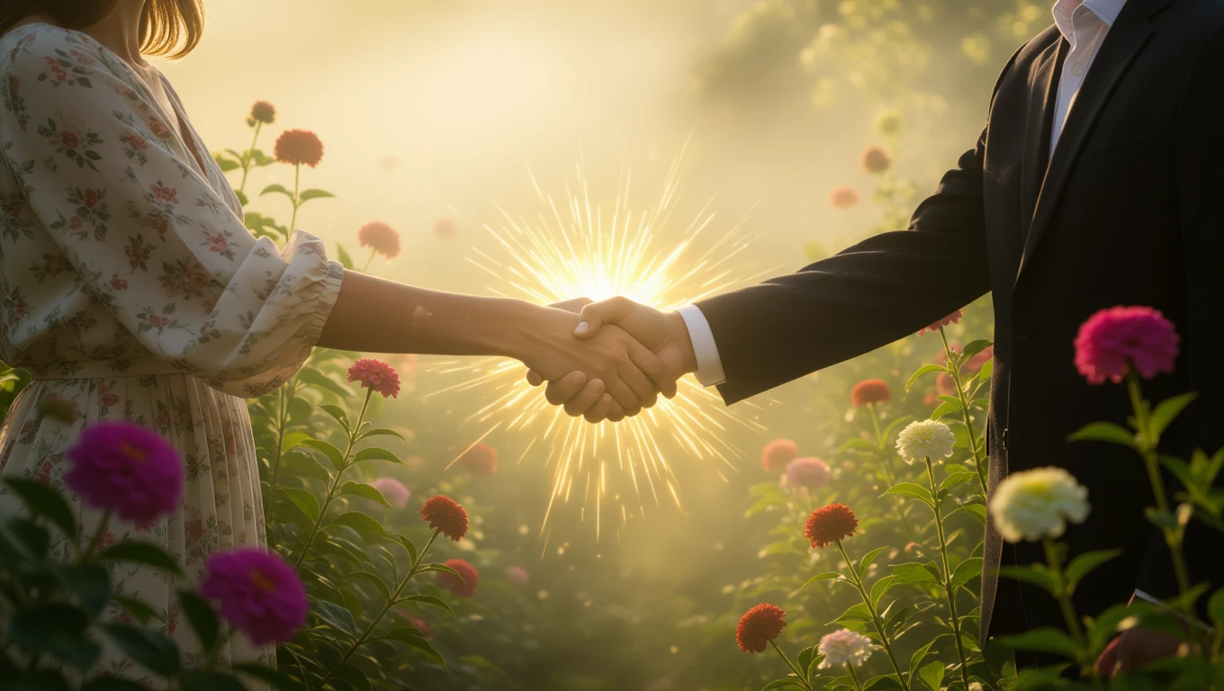 Due mani si stringono tra fiori colorati, simboleggiando nuove connessioni.