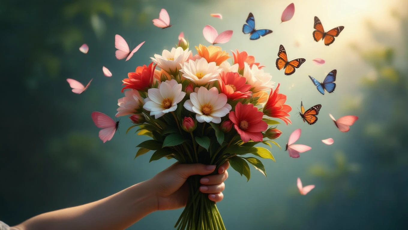 Un mazzo di fiori colorati con farfalle che volano intorno, simbolo di rinascita.