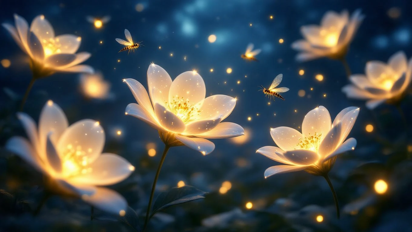 Fiori luminosi che brillano nel buio, simbolo di rinascita e delicatezza.
