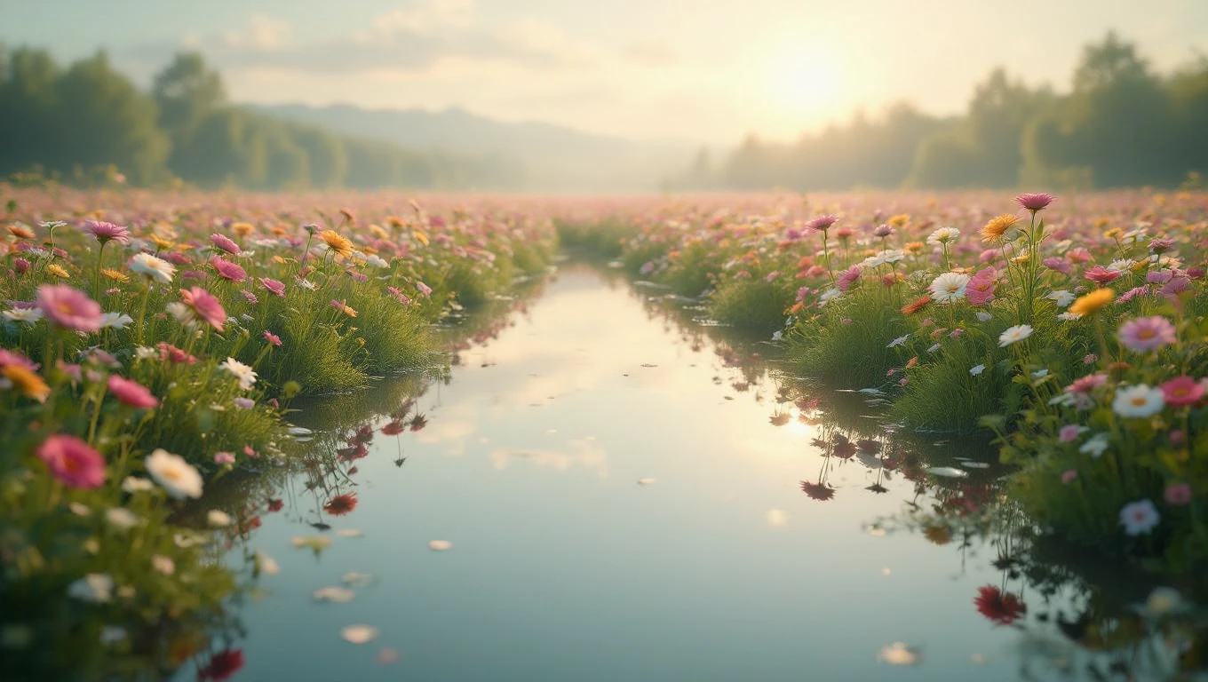 Un campo fiorito al tramonto, con un ruscello che riflette i colori dei fiori.