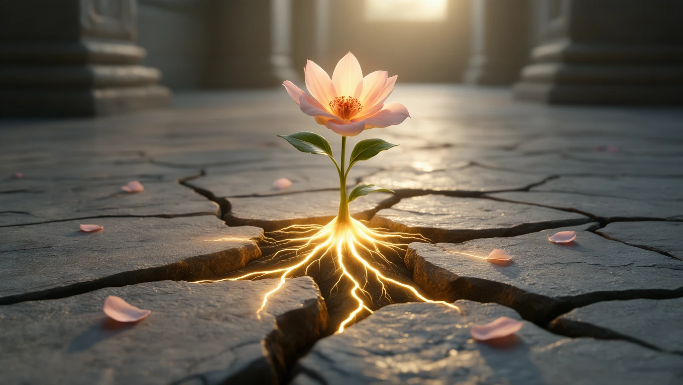 Un fiore delicato emerge da crepe nel terreno, simbolo di rinascita e bellezza interiore.