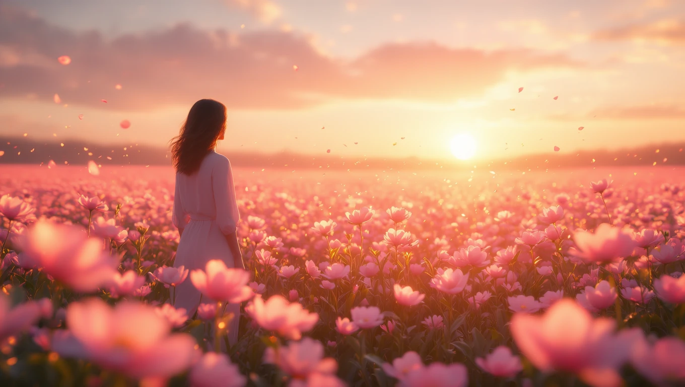 Una donna in un campo di fiori rosa al tramonto, simbolo di rinascita e bellezza.