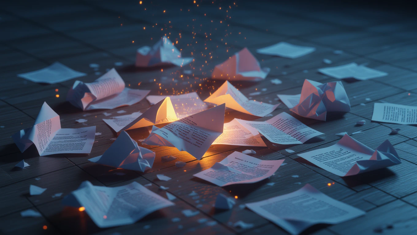 Un insieme di fogli di carta accartocciati e sparsi, illuminati da una luce calda.