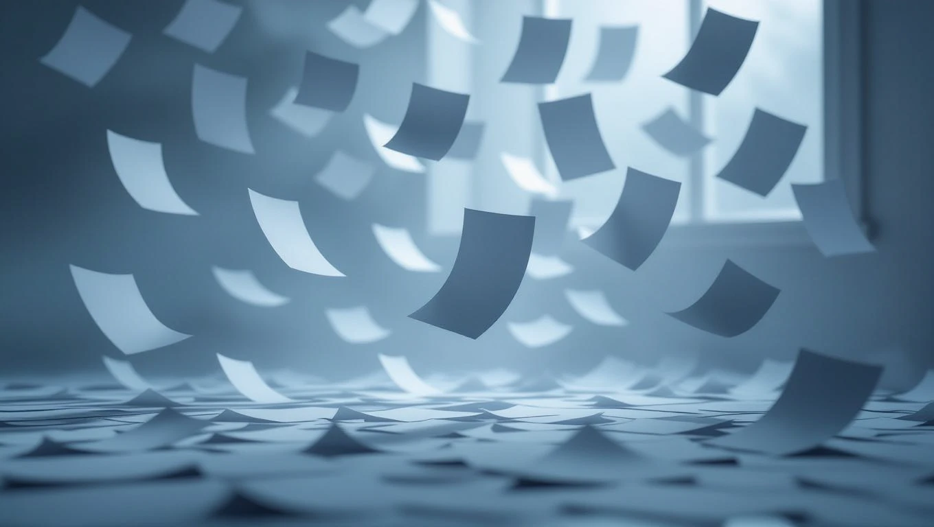 Fogli di carta fluttuanti in un ambiente luminoso e creativo.