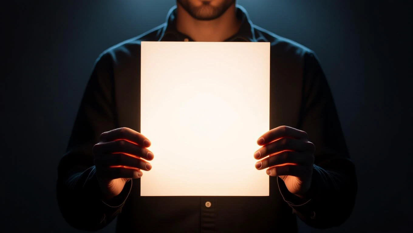 Un uomo tiene un foglio di carta bianco illuminato, simbolo di creatività.