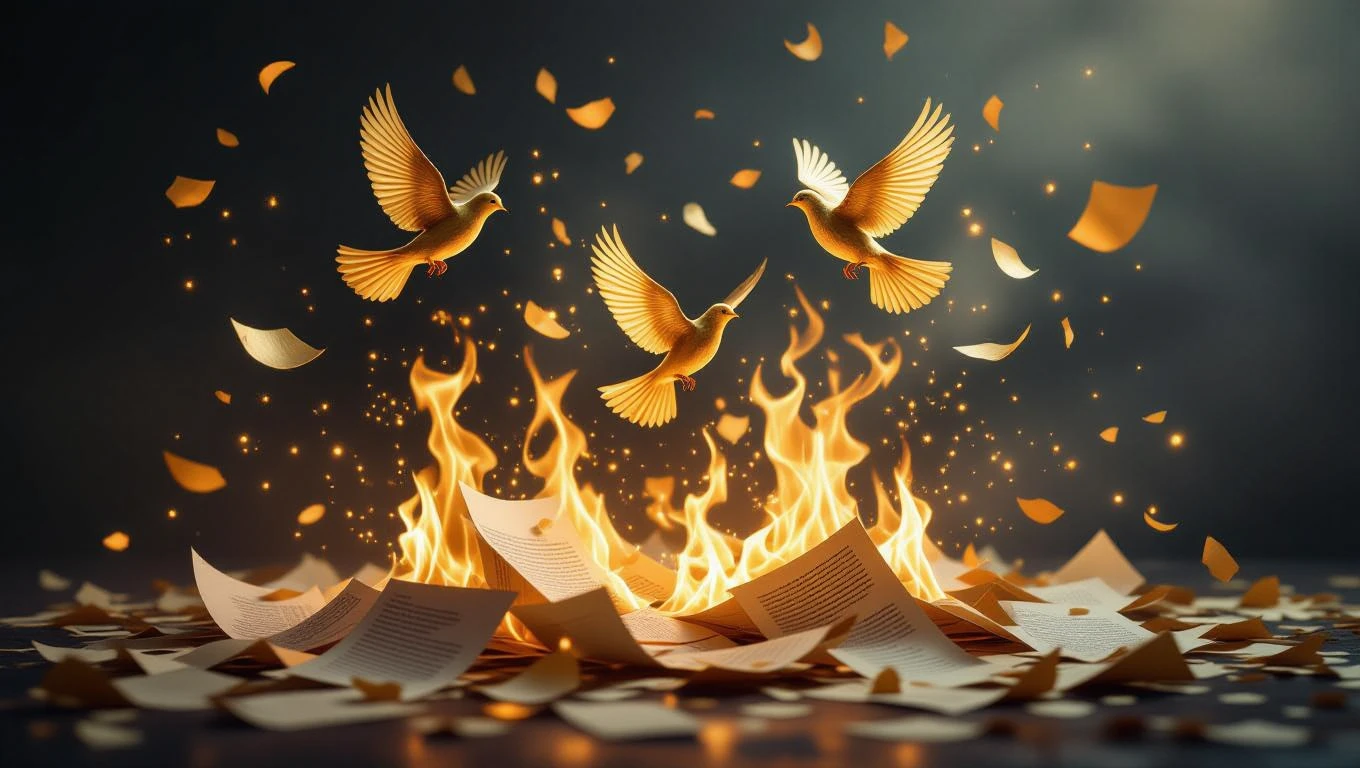 Uccelli dorati volano sopra fogli di carta in fiamme, simbolo di creatività.