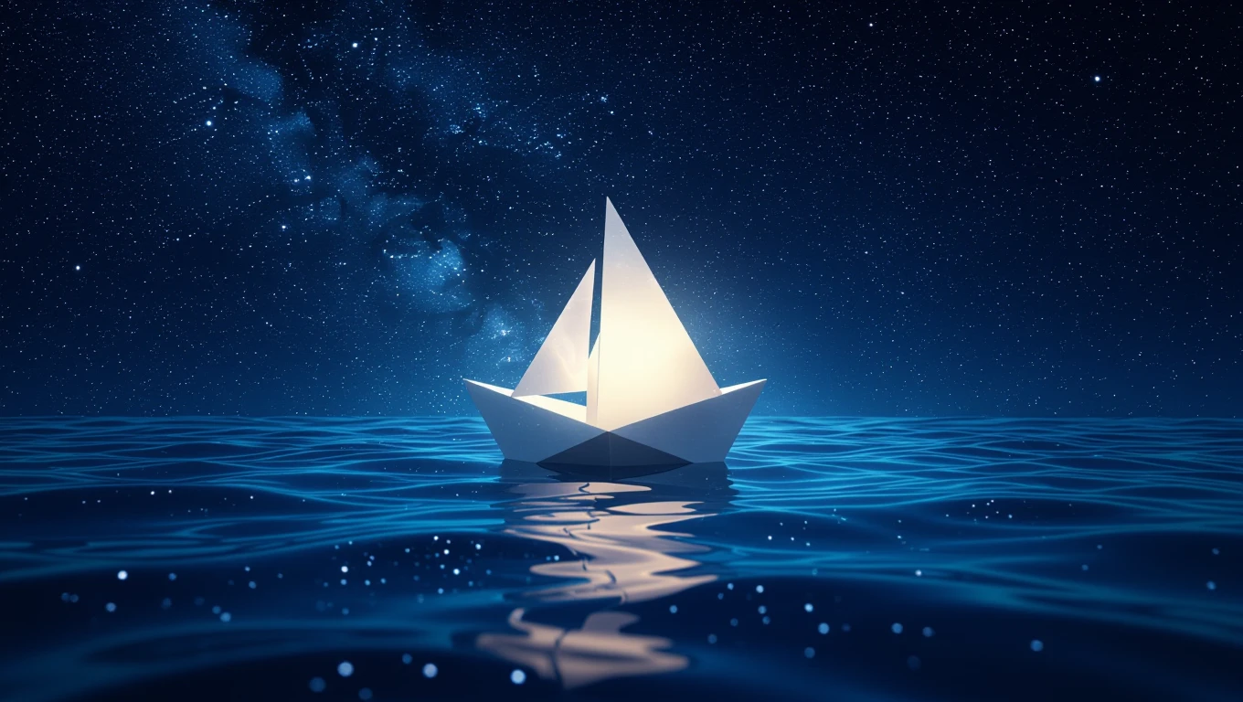 Una barca di carta bianca naviga su un mare blu sotto un cielo stellato.