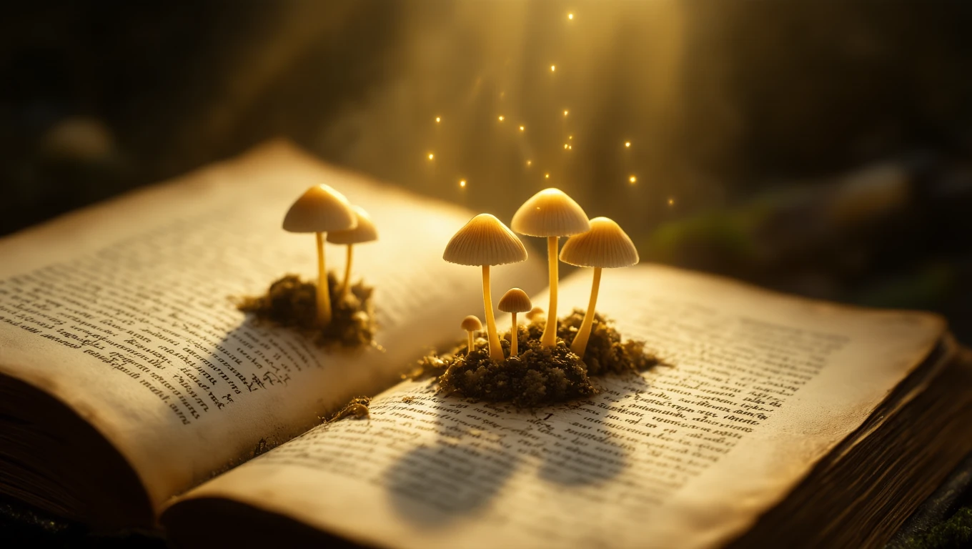 Un libro aperto con funghi che crescono su di esso, simbolo di crescita e mistero.