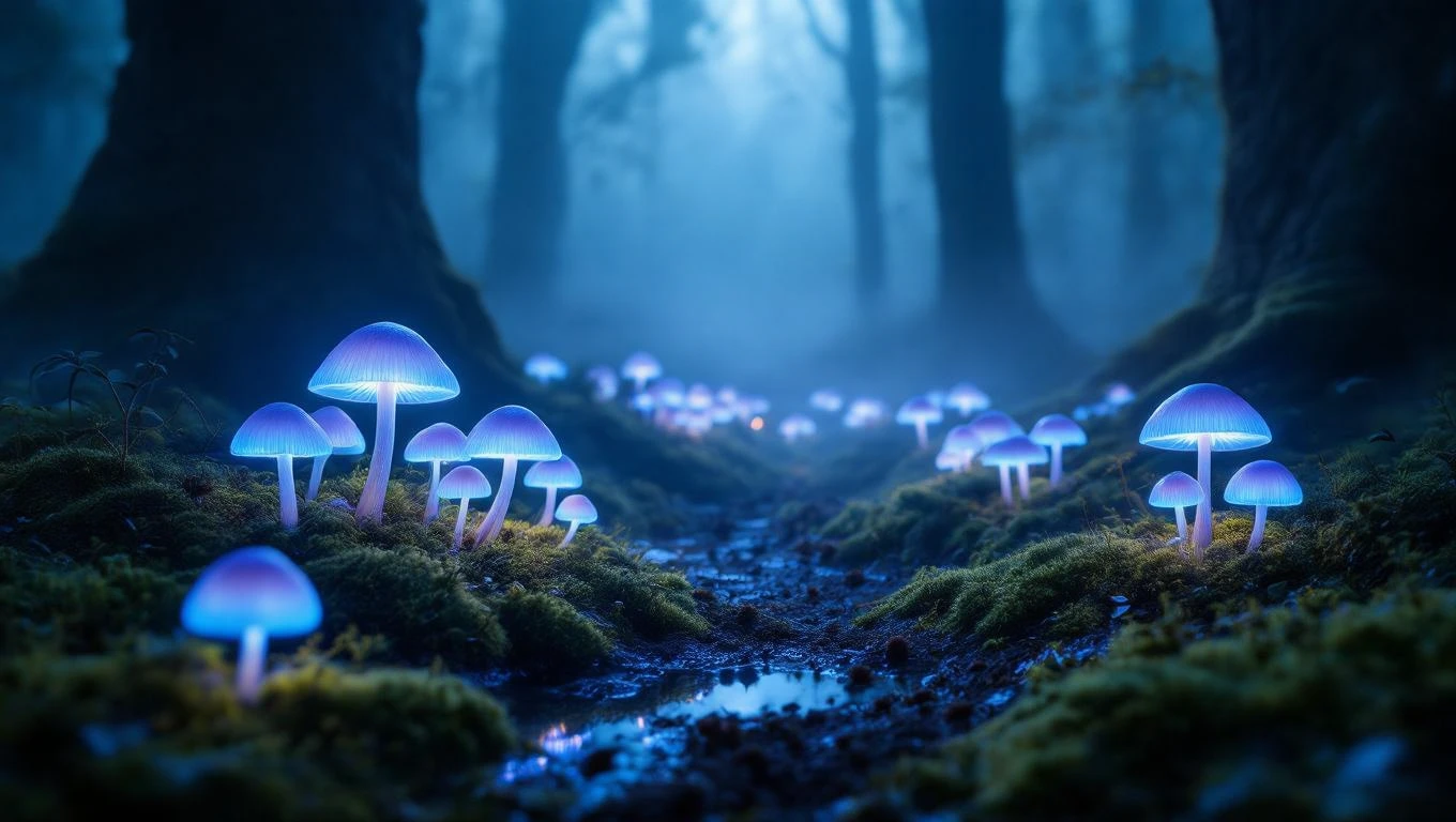 Un gruppo di funghi luminosi in un bosco misterioso e nebbioso.