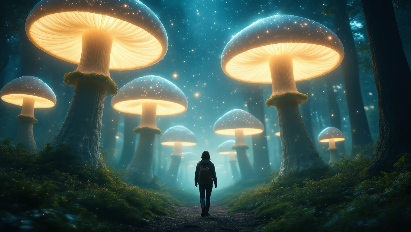 Una figura solitaria cammina tra funghi luminosi in una foresta misteriosa.