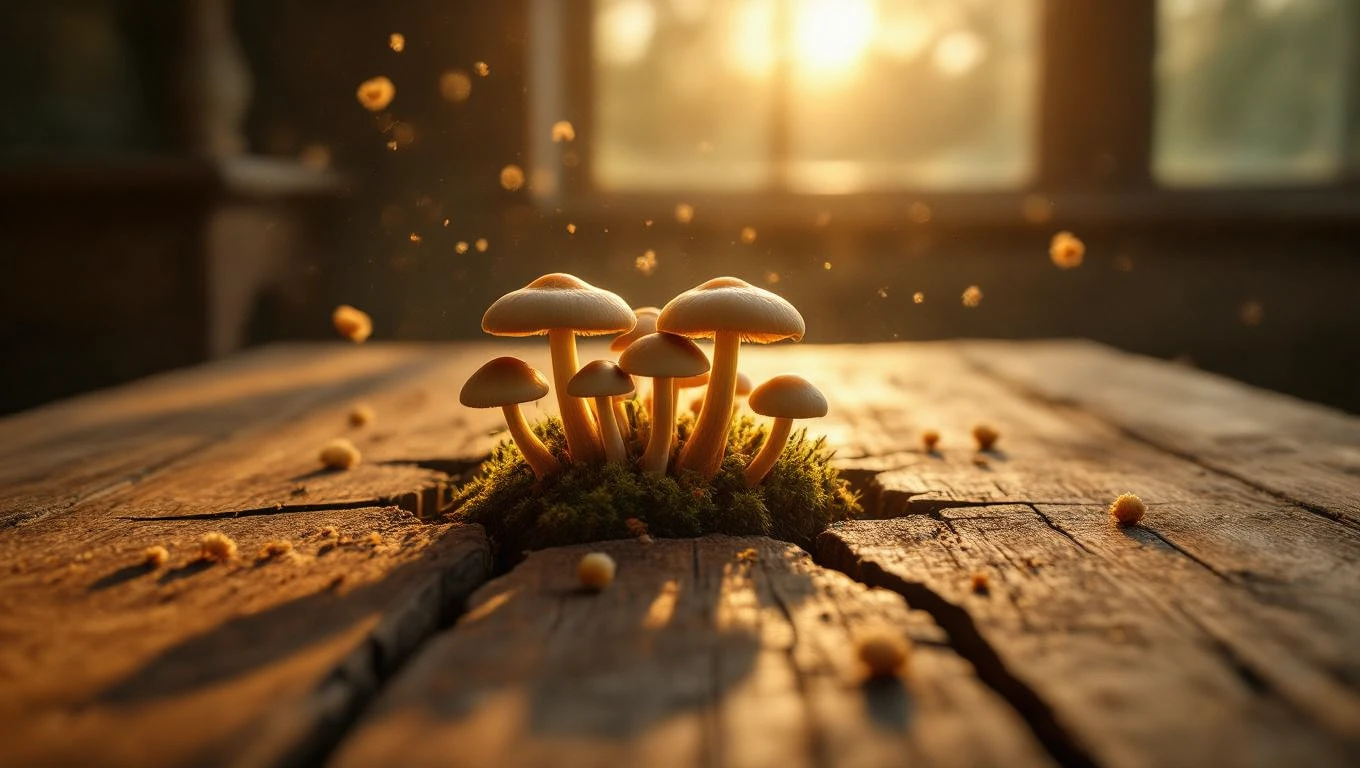 Un gruppo di funghi spuntano da una fessura in un tavolo di legno, illuminati dalla luce del sole.