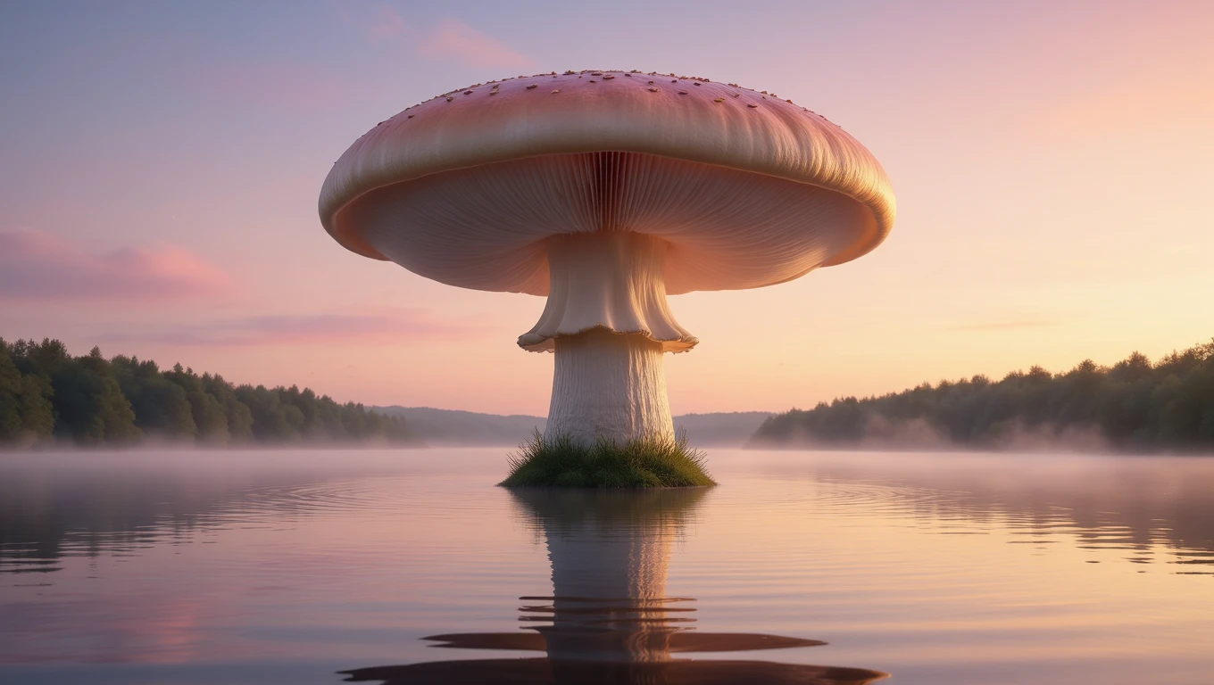 Un grande fungo colorato si erge sopra un lago tranquillo all'alba.