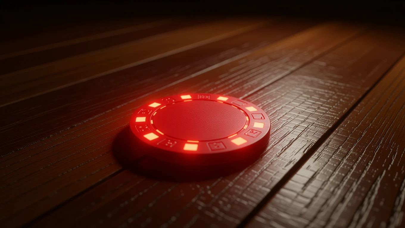 Una fiche da poker rossa illuminata su un tavolo di legno scuro.