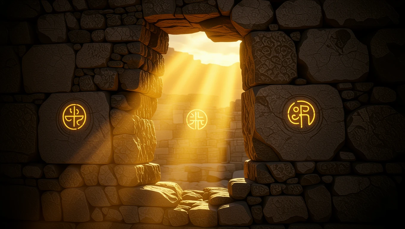 Un raggio di luce che filtra attraverso un'apertura in una parete di pietra antica.