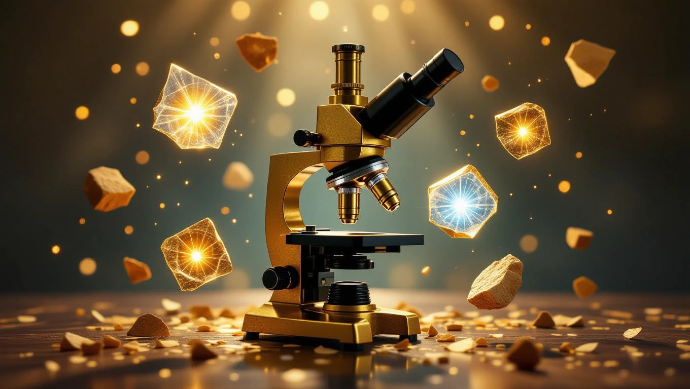 Un microscopio dorato circondato da particelle luminose e dettagliati cristalli.