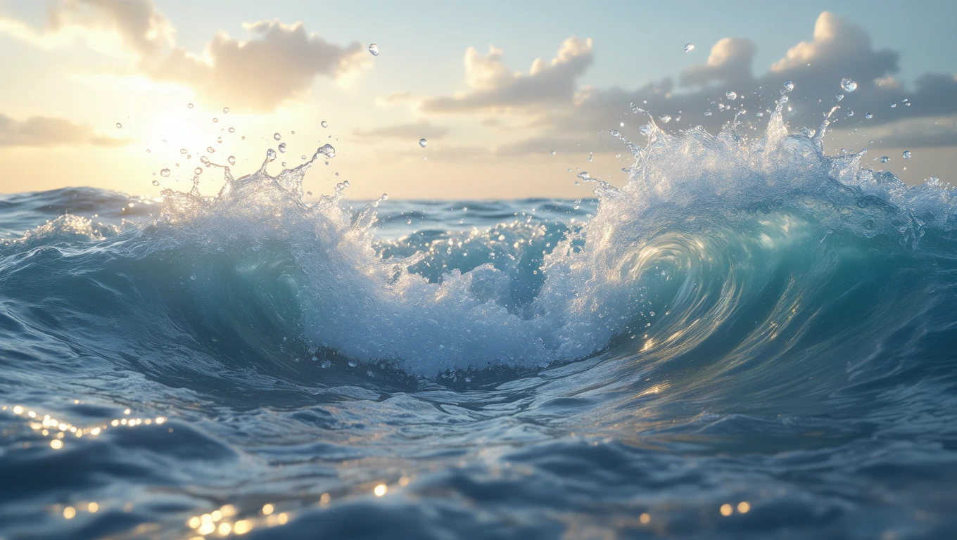 Un'onda che si infrange dolcemente, catturando la luce del sole al tramonto.