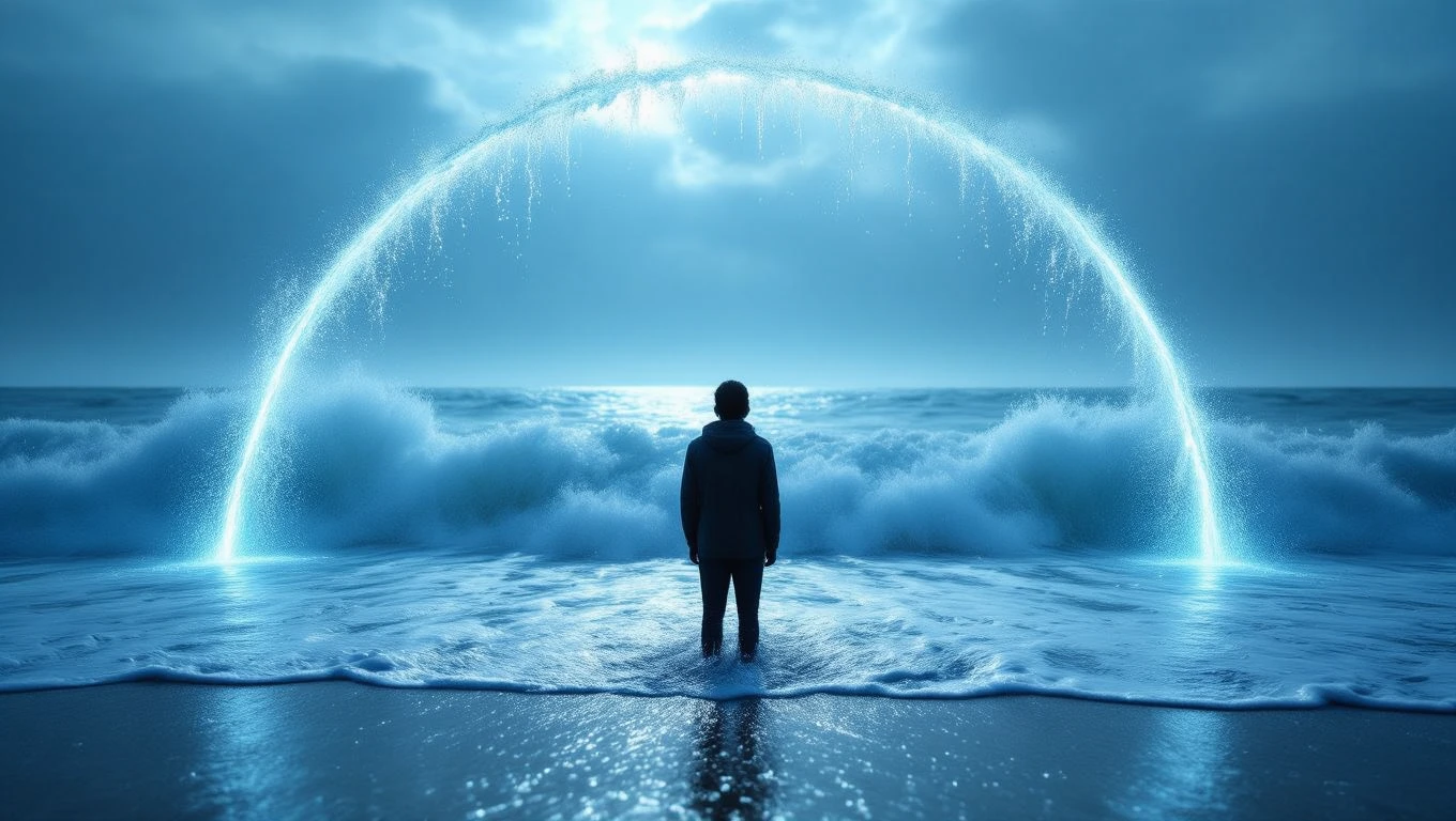 Una persona in piedi sulla riva osserva onde che si infrangono, simbolo di emozioni in movimento.