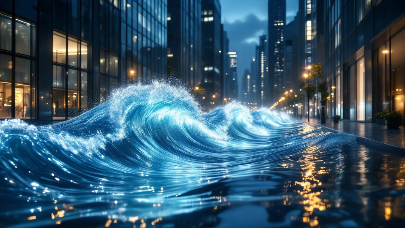 Onde blu che si infrangono in una strada di città illuminata di notte.