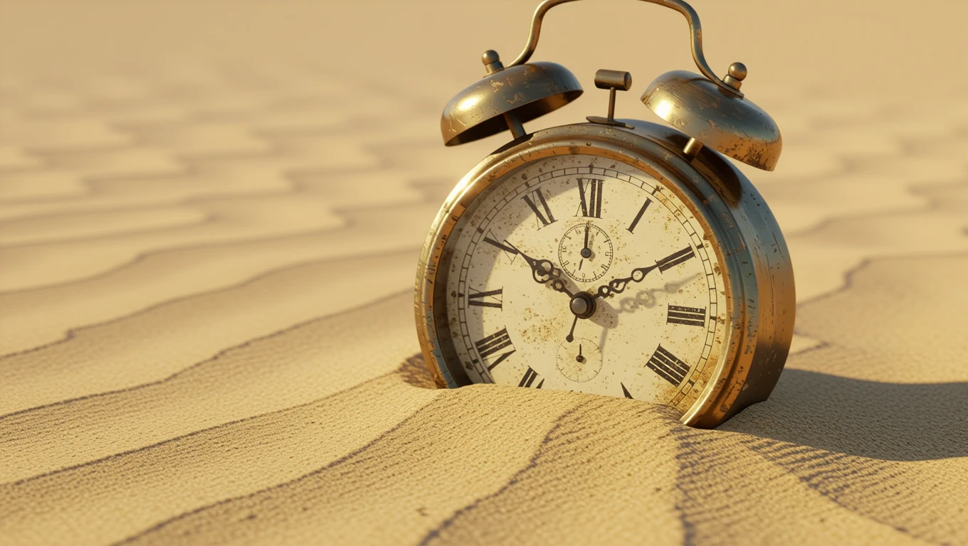 Un orologio antico sepolto nella sabbia, simbolo del tempo che scorre.