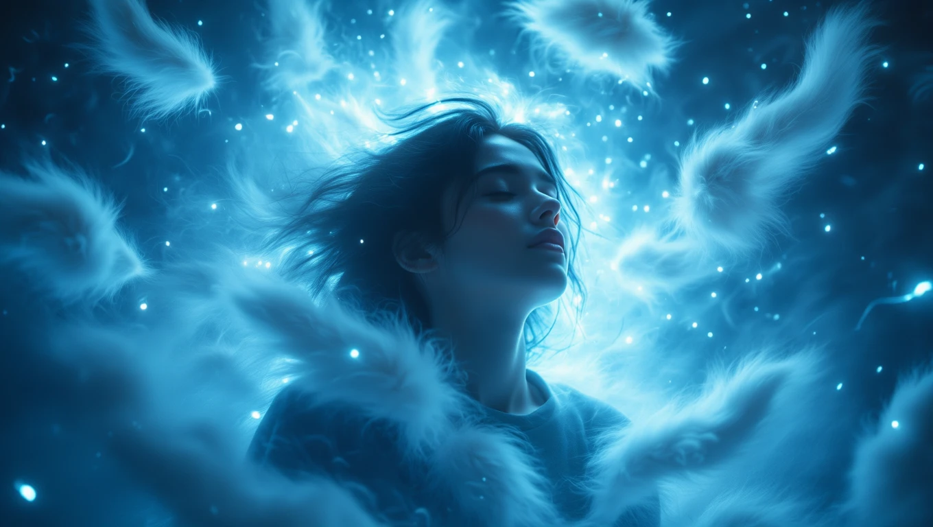 Una giovane donna immersa in un'atmosfera onirica circondata da morbidi peli di cane.