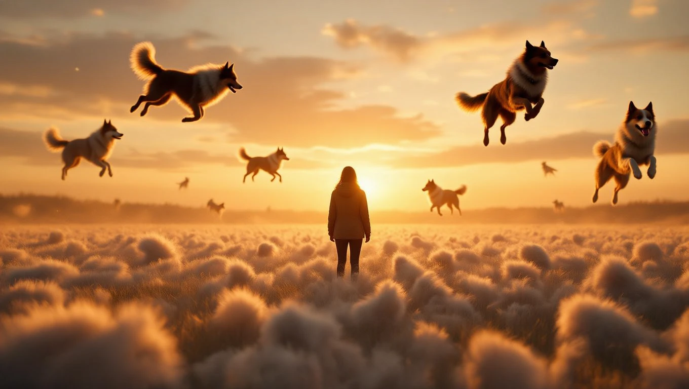 Una persona in piedi in un campo di nuvole osserva cani che saltano al tramonto.