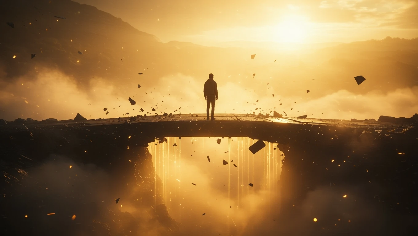 Un uomo in piedi su un ponte sospeso, circondato da un paesaggio drammatico e luminoso.