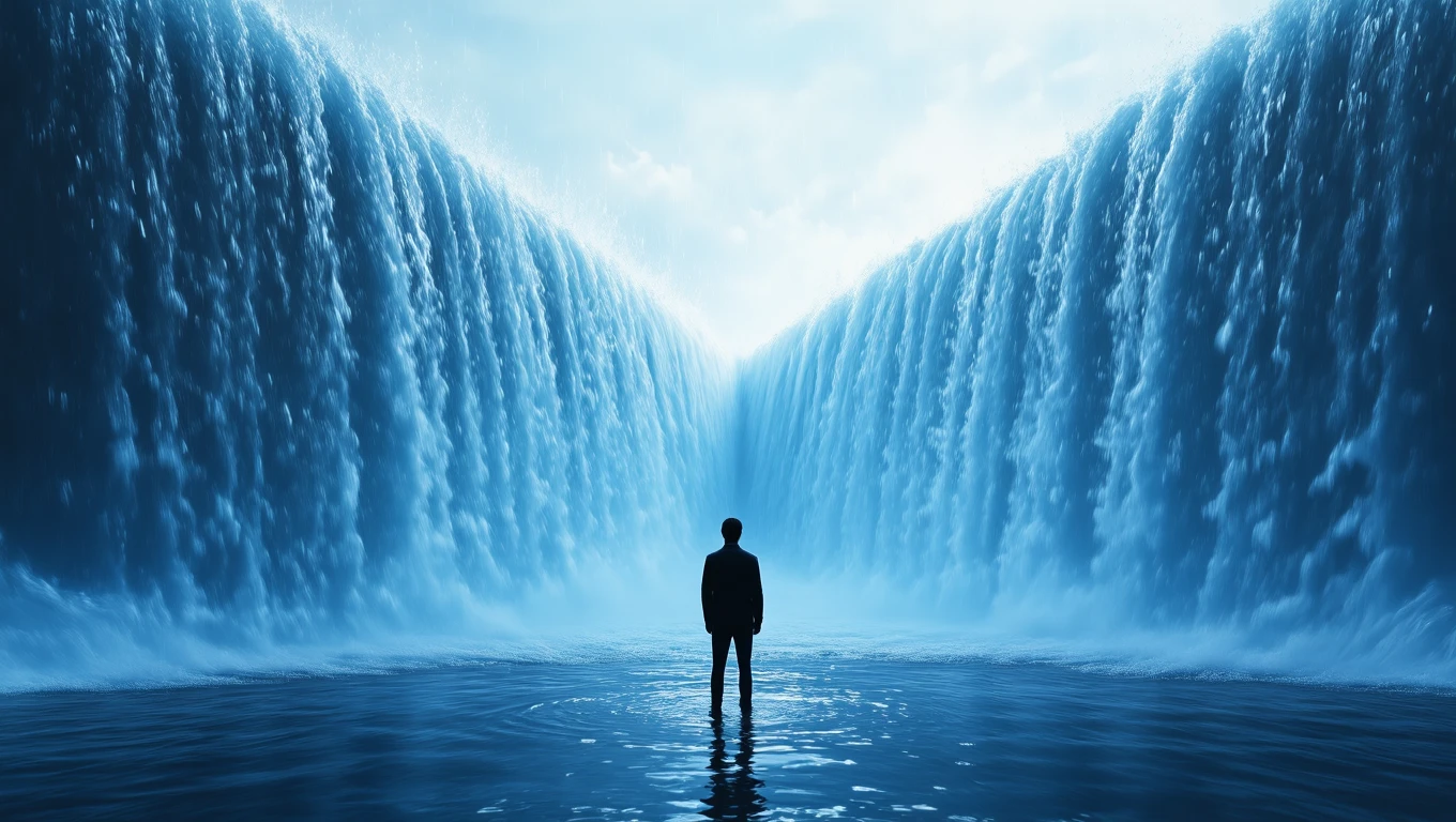 Un uomo in piedi di fronte a due cascate imponenti che si incontrano.