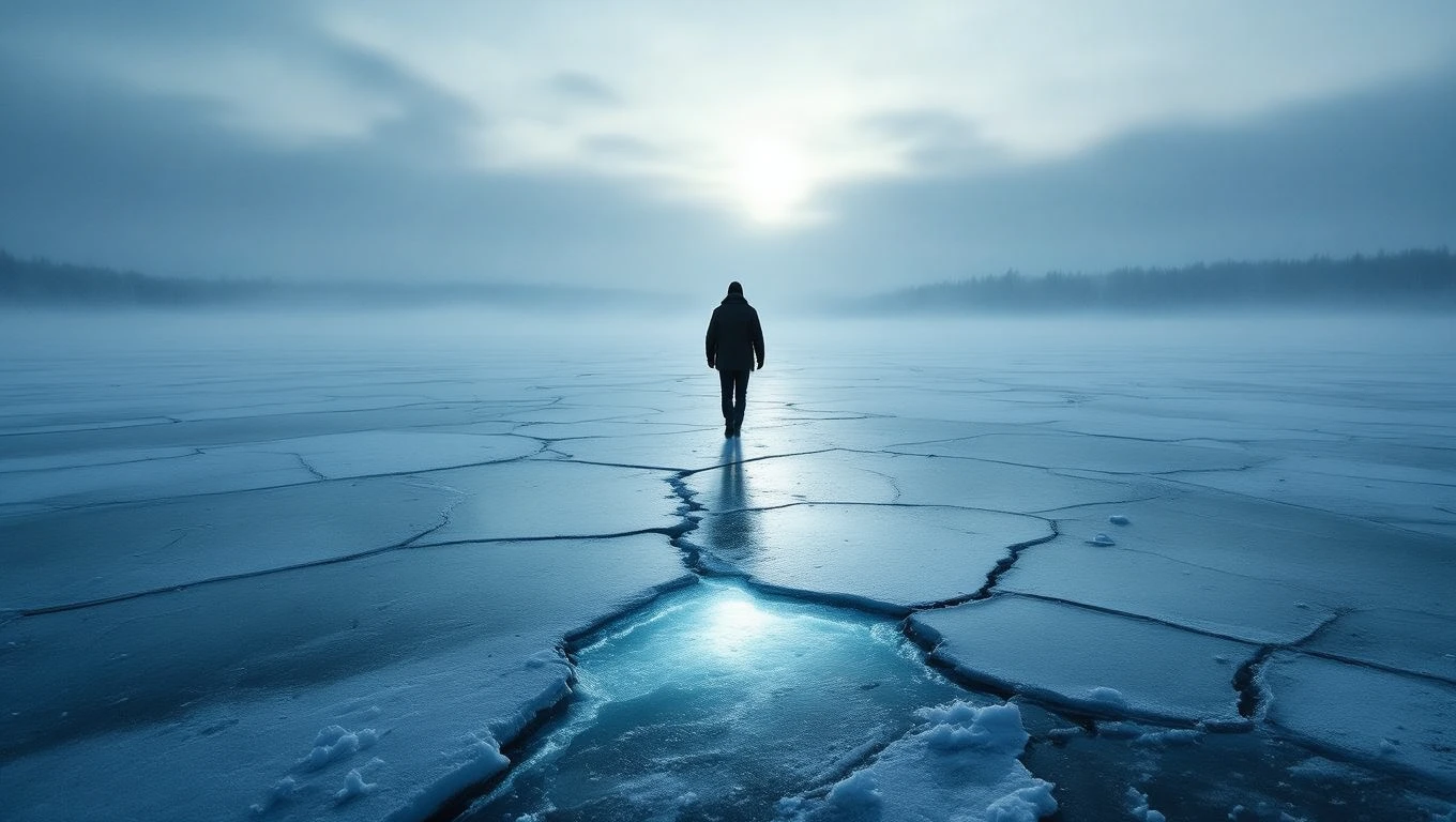 Una persona cammina su un lago ghiacciato, circondata da nebbia e luce blu.