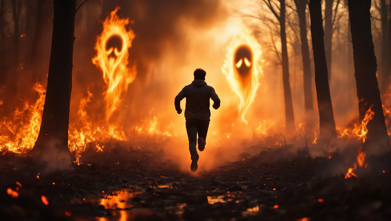Un uomo corre attraverso un bosco in fiamme, circondato da figure spettrali.