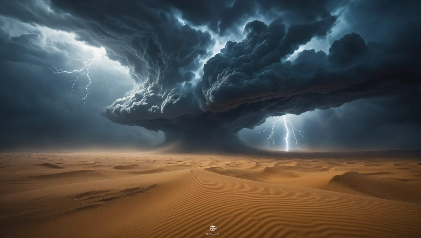 Un cielo tempestoso sopra un deserto, con nuvole scure e fulmini.