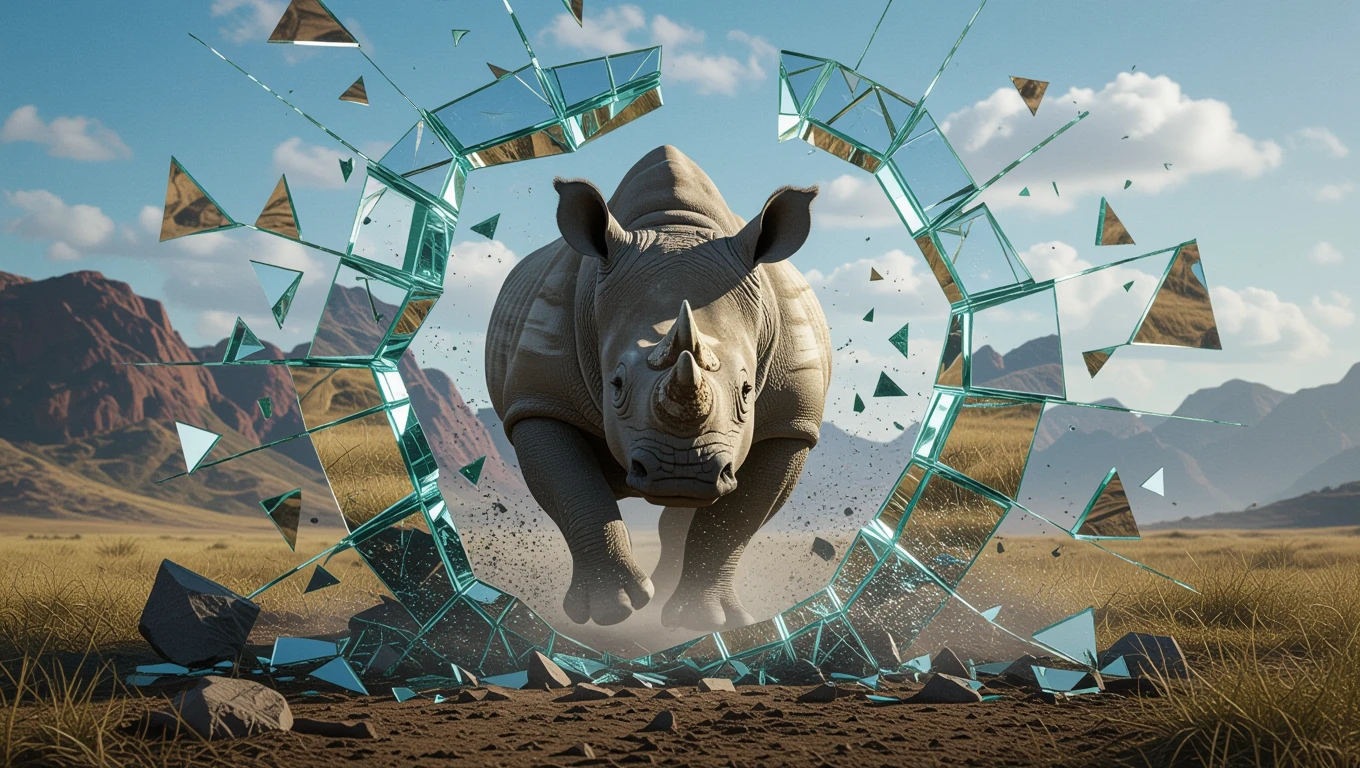 Un rinoceronte che irrompe attraverso un muro di vetro, simbolo di potenza e autodifesa.