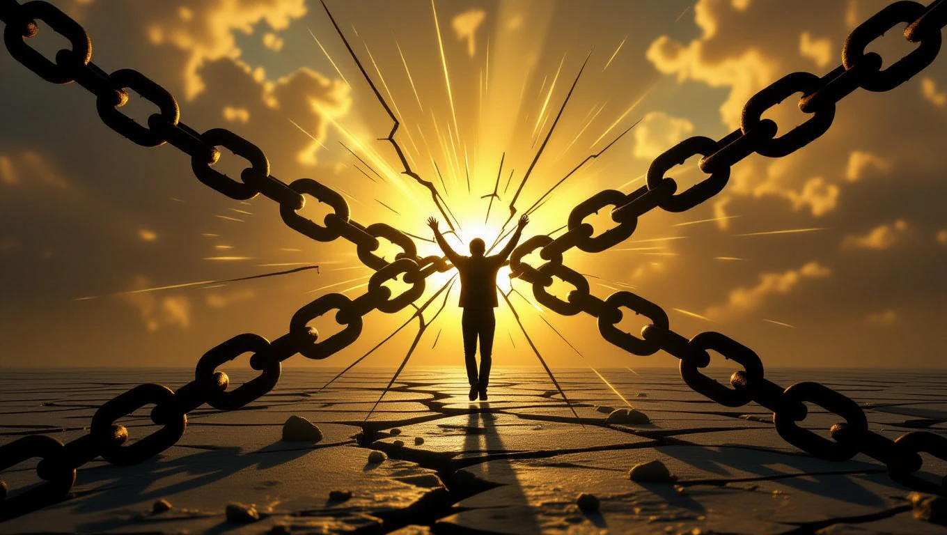 Una figura umana rompe catene sotto un cielo luminoso, simboleggiando la liberazione.