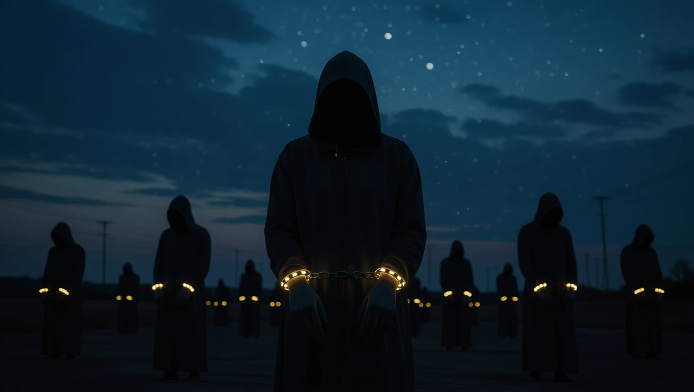 Figure incappucciate in catene, simbolo di sottomissione e perdita di libertà.