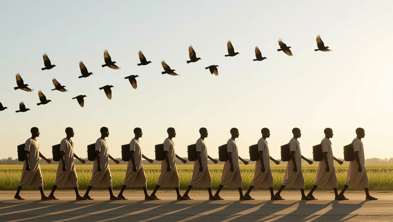 Gruppo di uomini che camminano insieme, simboleggiando la sottomissione e la ricerca di libertà.