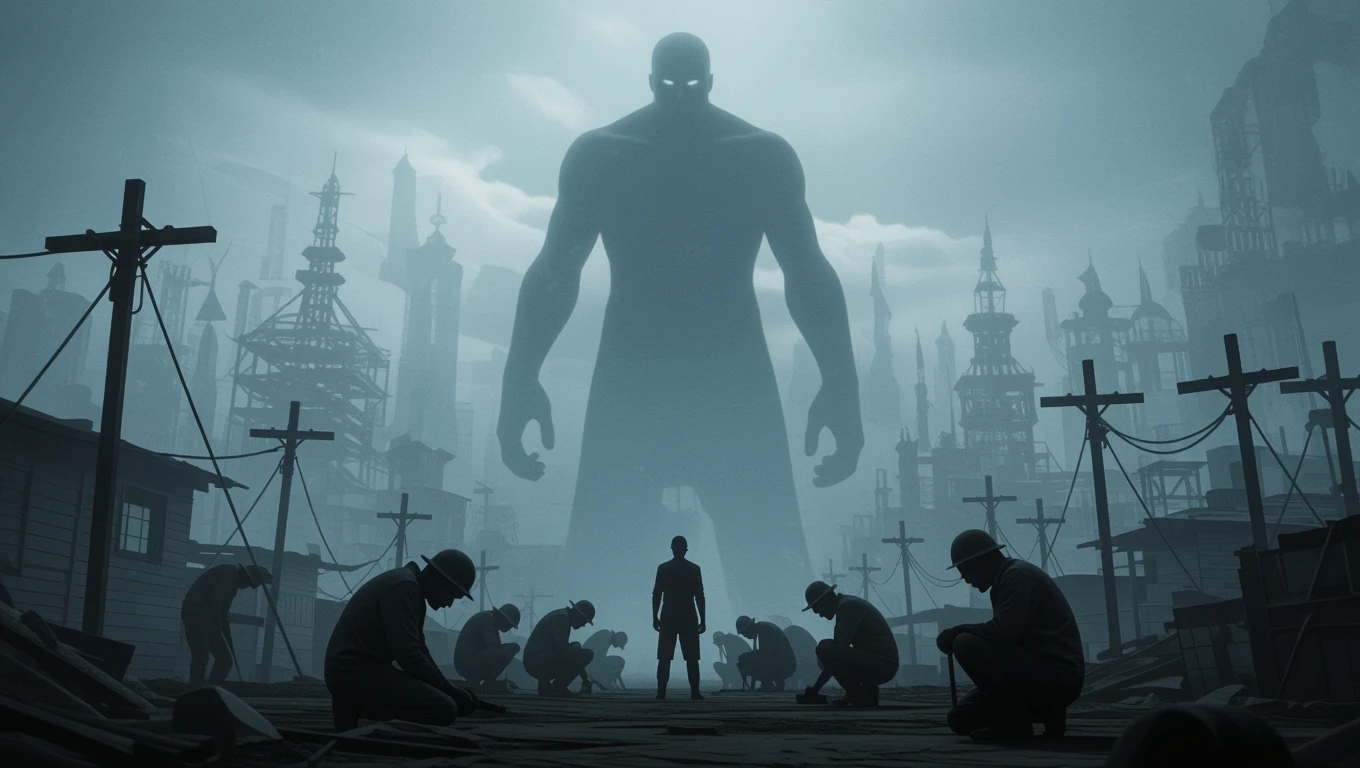 Un'immagine che rappresenta un uomo in piedi di fronte a figure sottomesse in un paesaggio distopico.