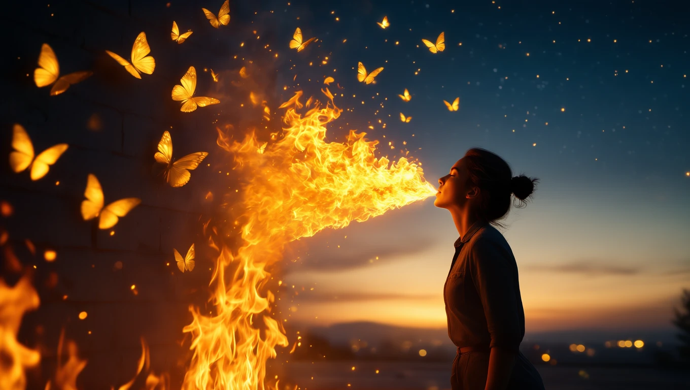 Una donna emette fiamme mentre farfalle volano intorno a lei, simbolizzando emozioni intense.
