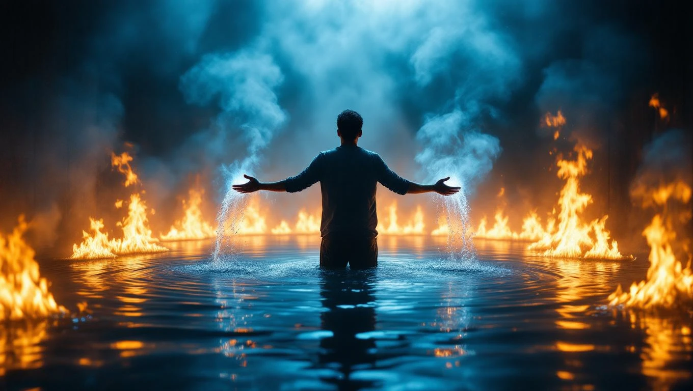 Un uomo in piedi nell'acqua, circondato da fiamme, simboleggia il controllo delle emozioni.