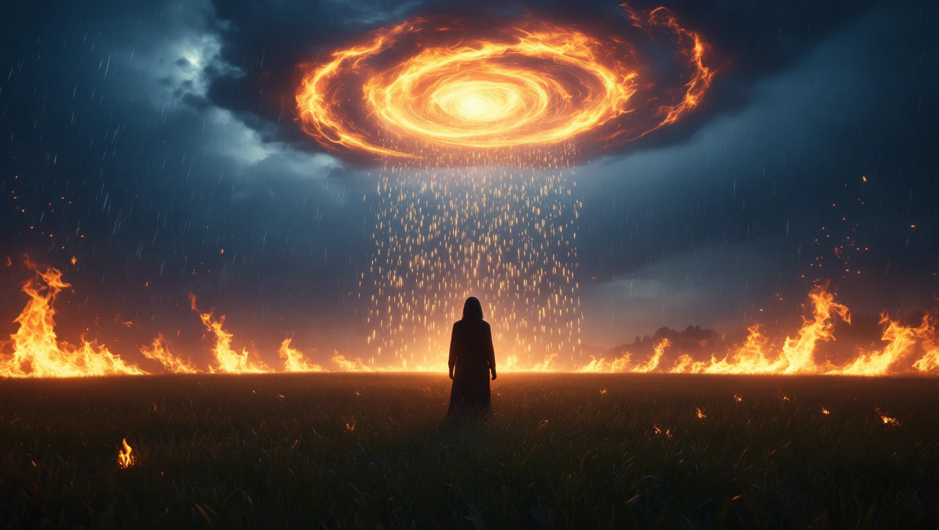 Una figura solitaria osserva un incendio avvolto da una pioggia di scintille.