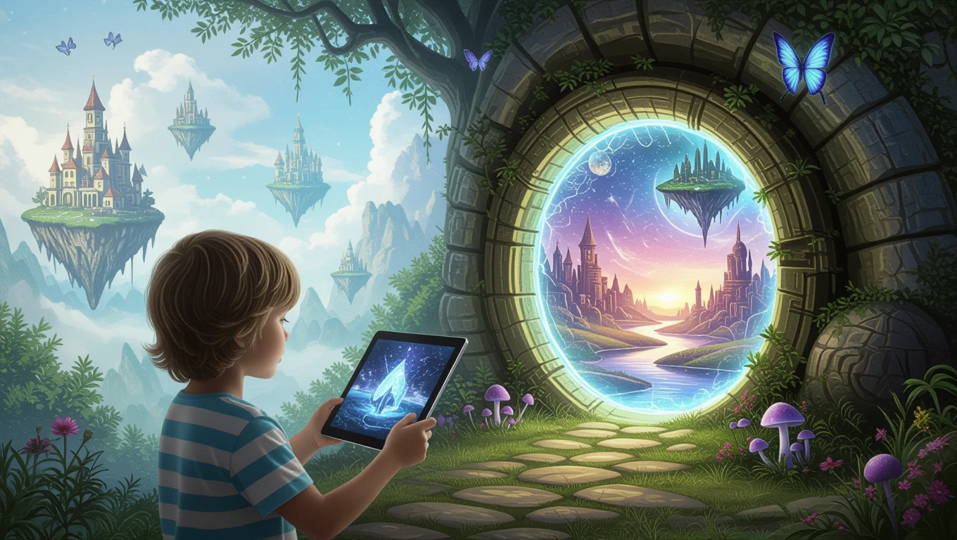 Un bambino osserva un tablet che mostra un paesaggio fantastico attraverso un portale.