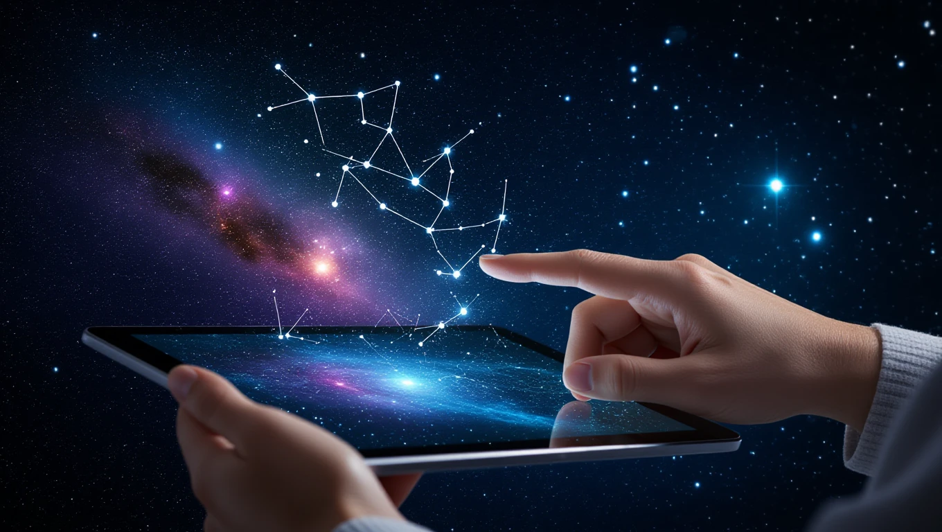 Una mano tocca un tablet che mostra un cielo stellato e costellazioni.