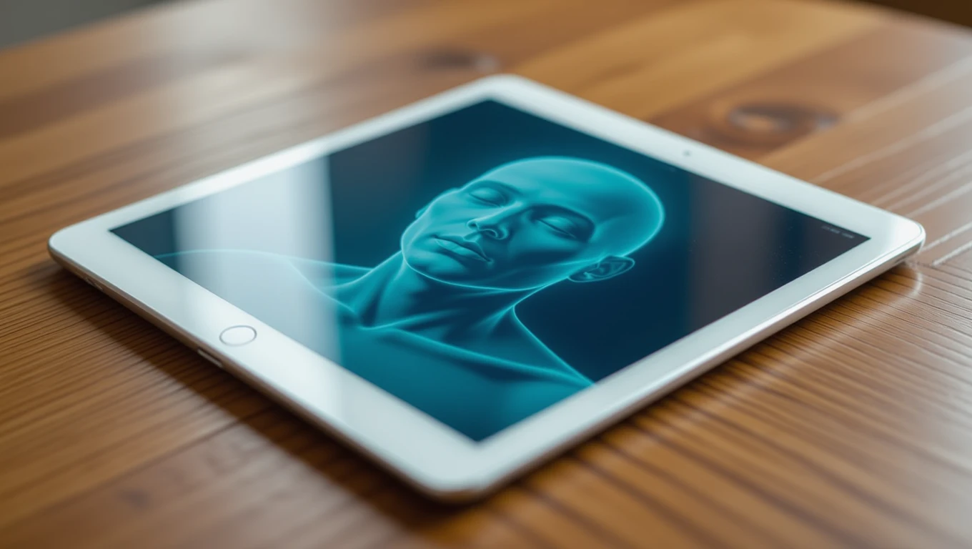 Un tablet bianco su un tavolo di legno con un'immagine di un volto sereno.