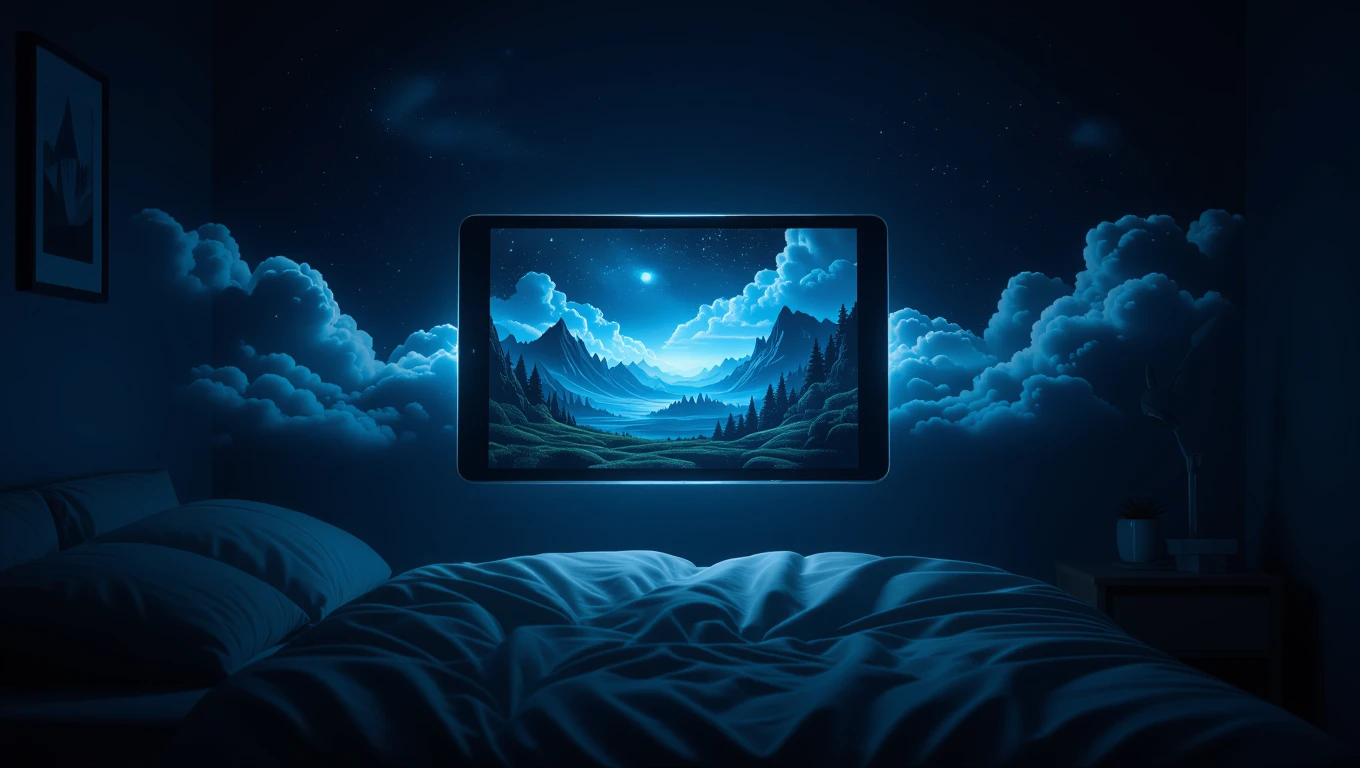 Un tablet emette un paesaggio notturno di montagne e nuvole in una stanza buia.