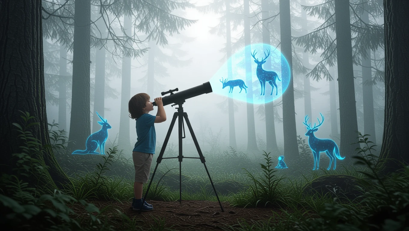 Un bambino osserva attraverso un telescopio in un bosco nebbioso, sognando animali fantastici.