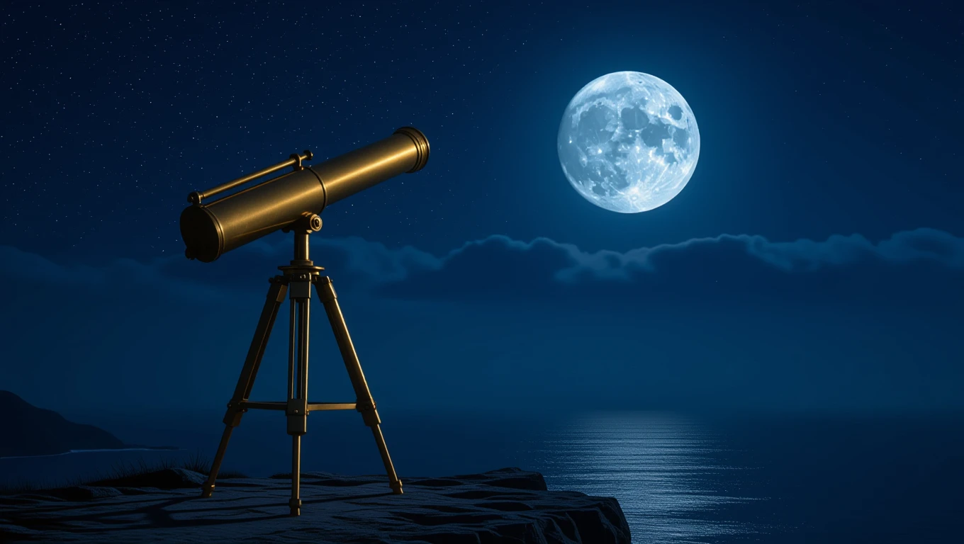 Un telescopio puntato verso la luna brillante in una notte stellata.
