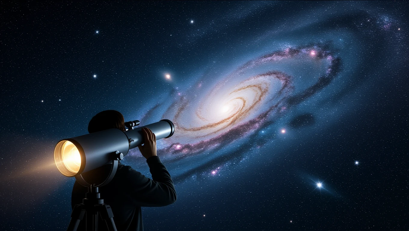 Una persona osserva una galassia attraverso un telescopio sotto un cielo stellato.