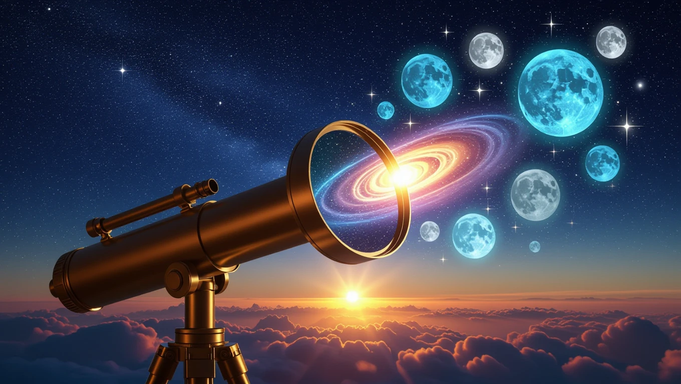 Un telescopio punta verso un cielo stellato, con galassie e lune che brillano.