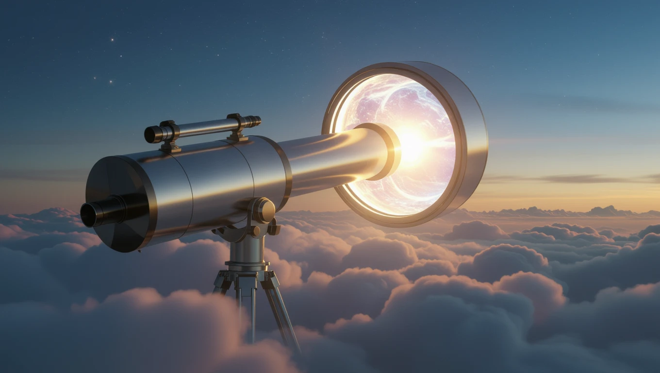 Un telescopio puntato verso il cielo, circondato da nuvole e stelle.